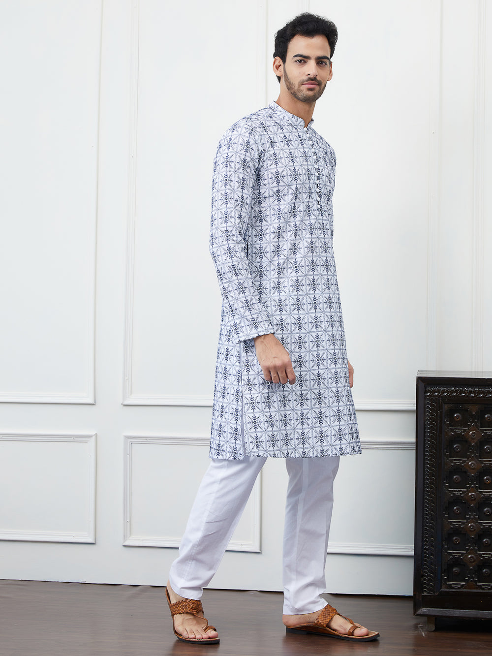 Embroidered Pure Cotton Straight Kurta with Pyjama – Cream