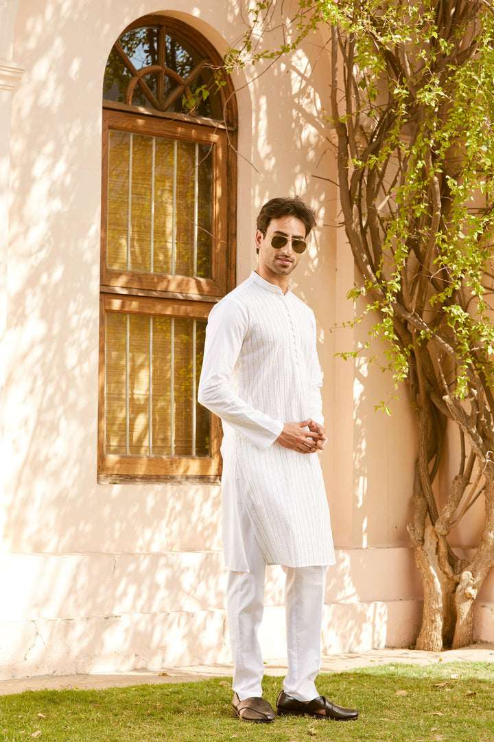 Pintuck with Thread work Pure Cotton Straight Kurta with Pyjama