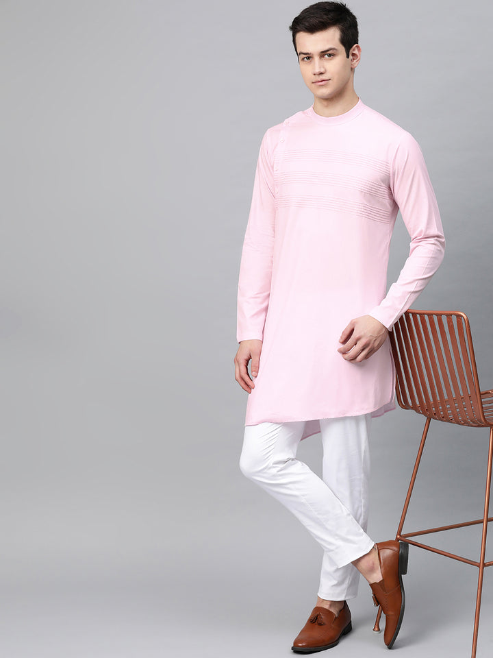 Pink Solid Straight Kurta With Yoke Thread Work With Kurta Pyjama
