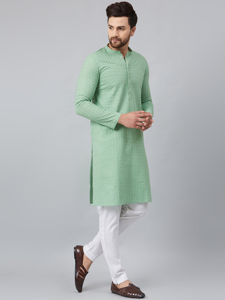 Men Green Chikankari Embroidered Woven Design Straight Kurta With Pyjama