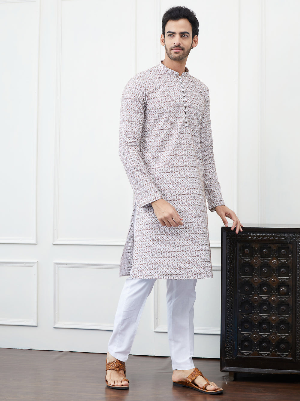 Embroidered Pure Cotton Straight Kurta with Pyjama – Cream