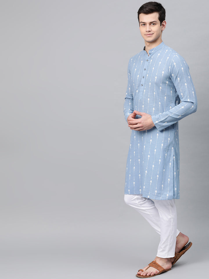 Blue Printed Straight Kurta With Pyjama