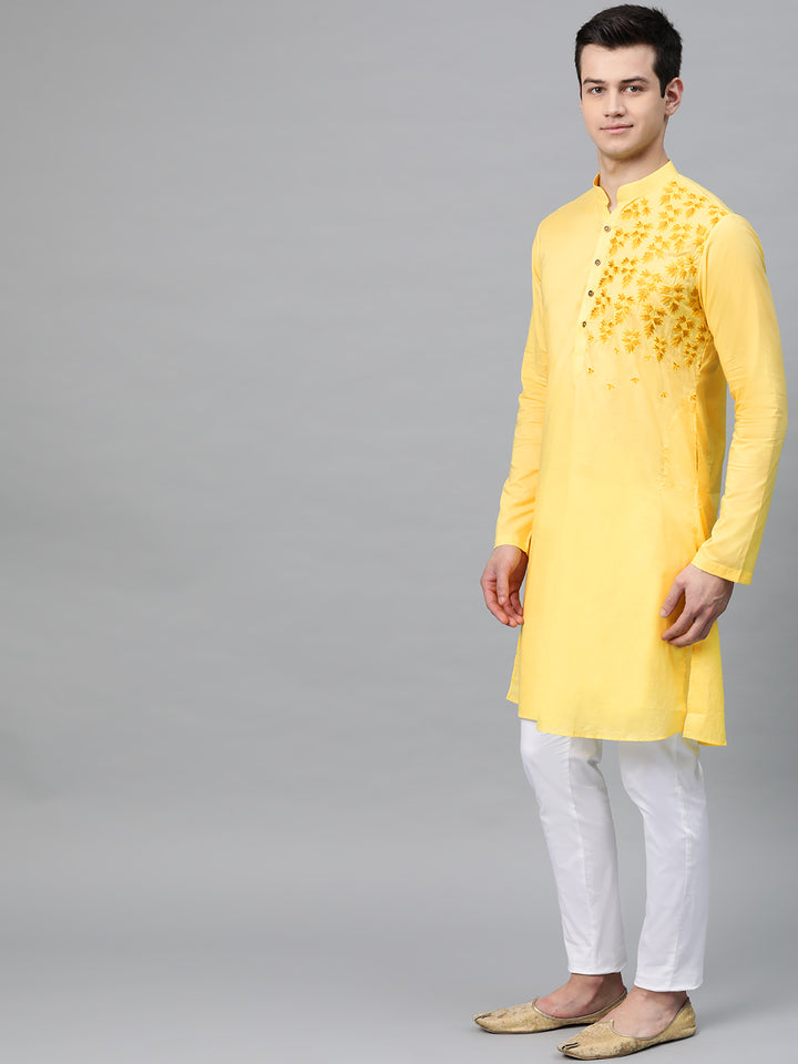 Yellow Embroidered Straight Kurta With Pyjama