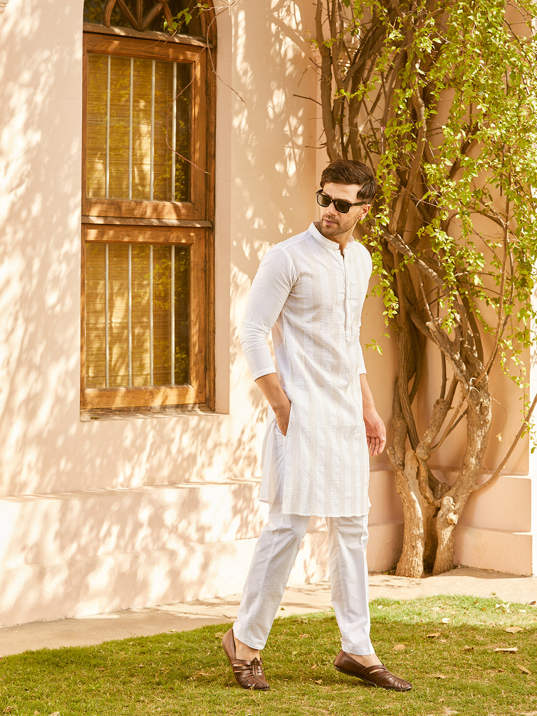 Pintuck with Thread work Pure Cotton Straight Kurta with Pyjama