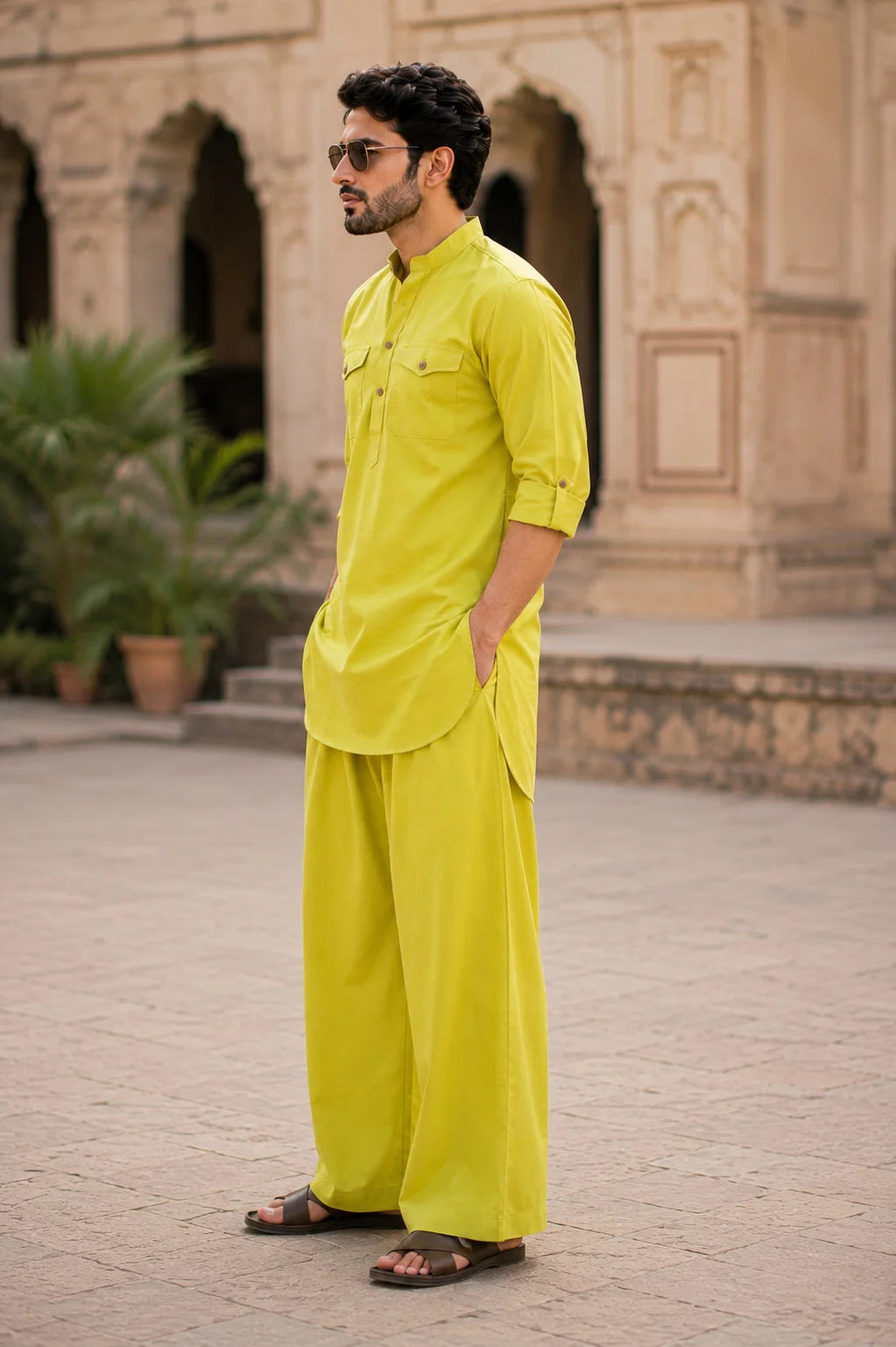 Men's Lime Green Rayon Solid Pathani Set