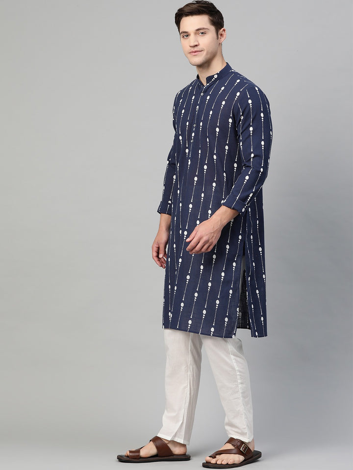 Men Navy Blue And White Printed Straight Kurta With Pyjama