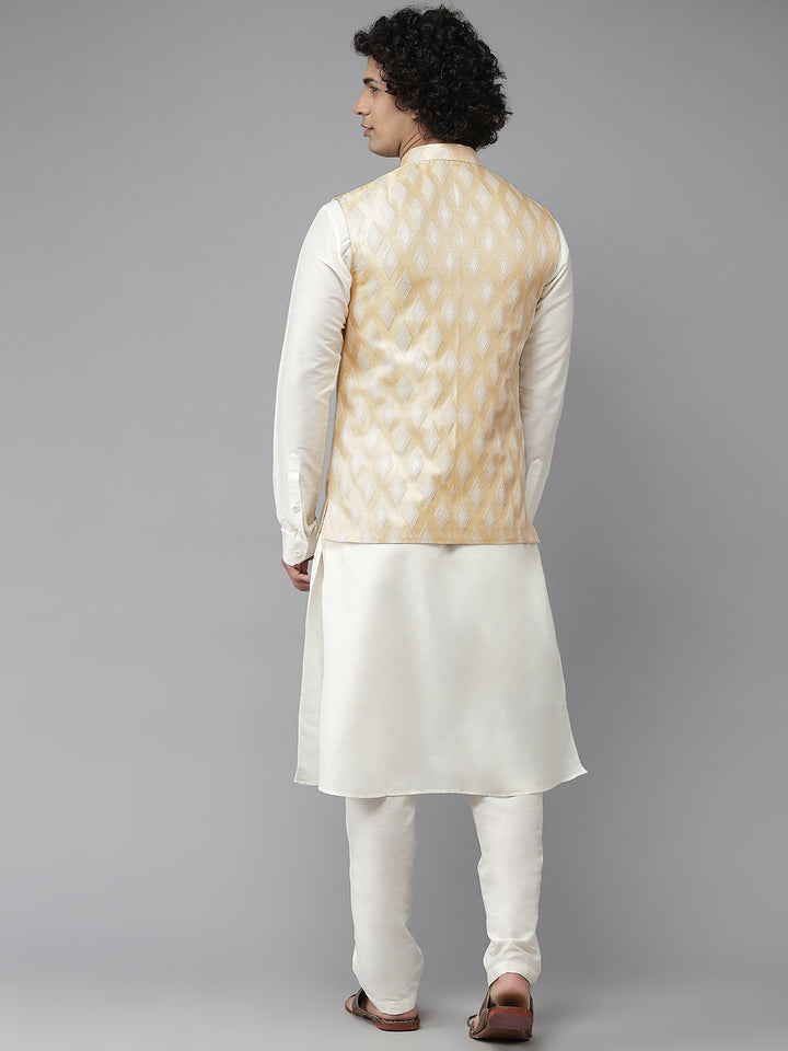 Men Gold & White Woven Jacquard Nehru jacket