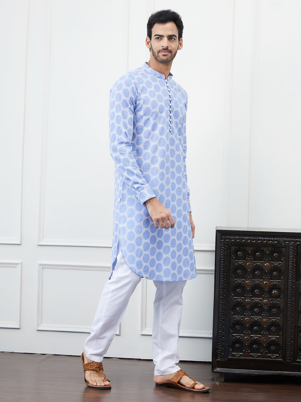 Embroidered Pure Cotton Straight Kurta with Pyjama – Blue