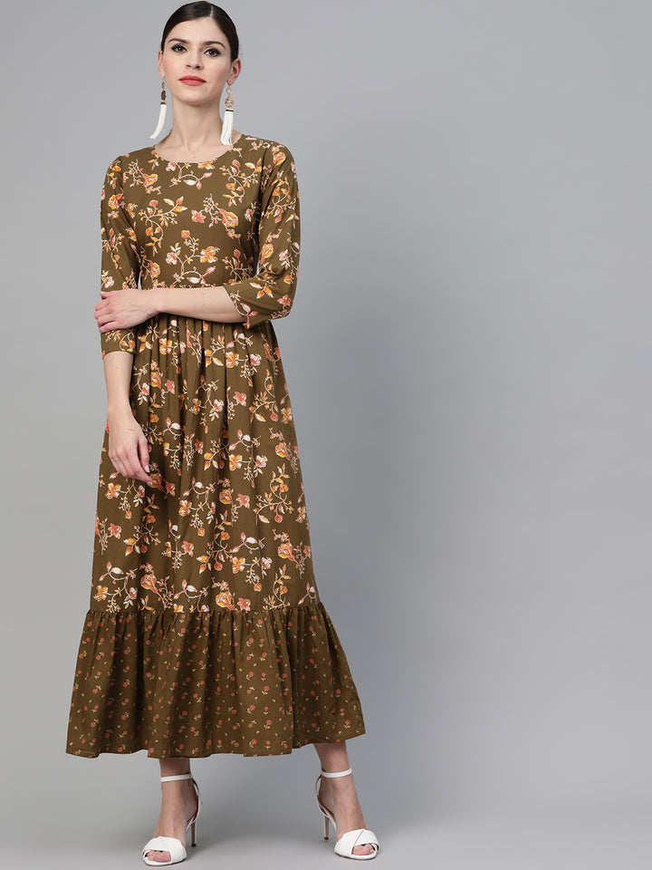 Olive Floral Printed Flared Maxi Dress