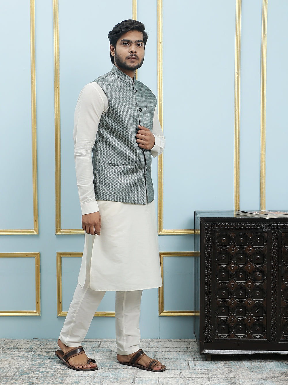 Woven Jacquard Nehru Jacket – Green