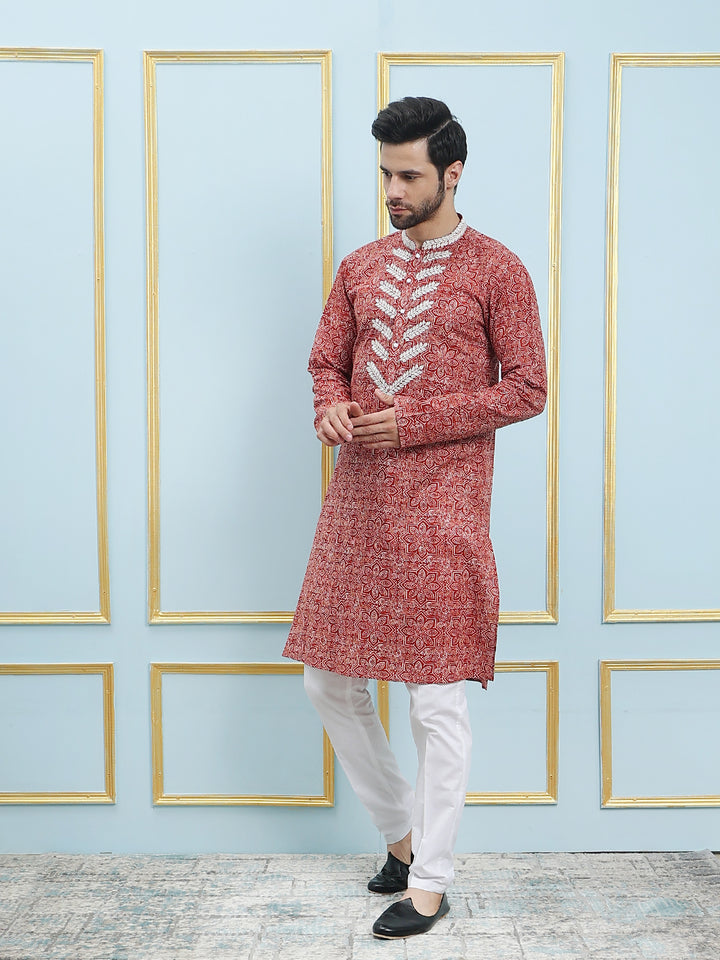 Printed Pure Cotton Straight Kurta with Embroidered Neck Design