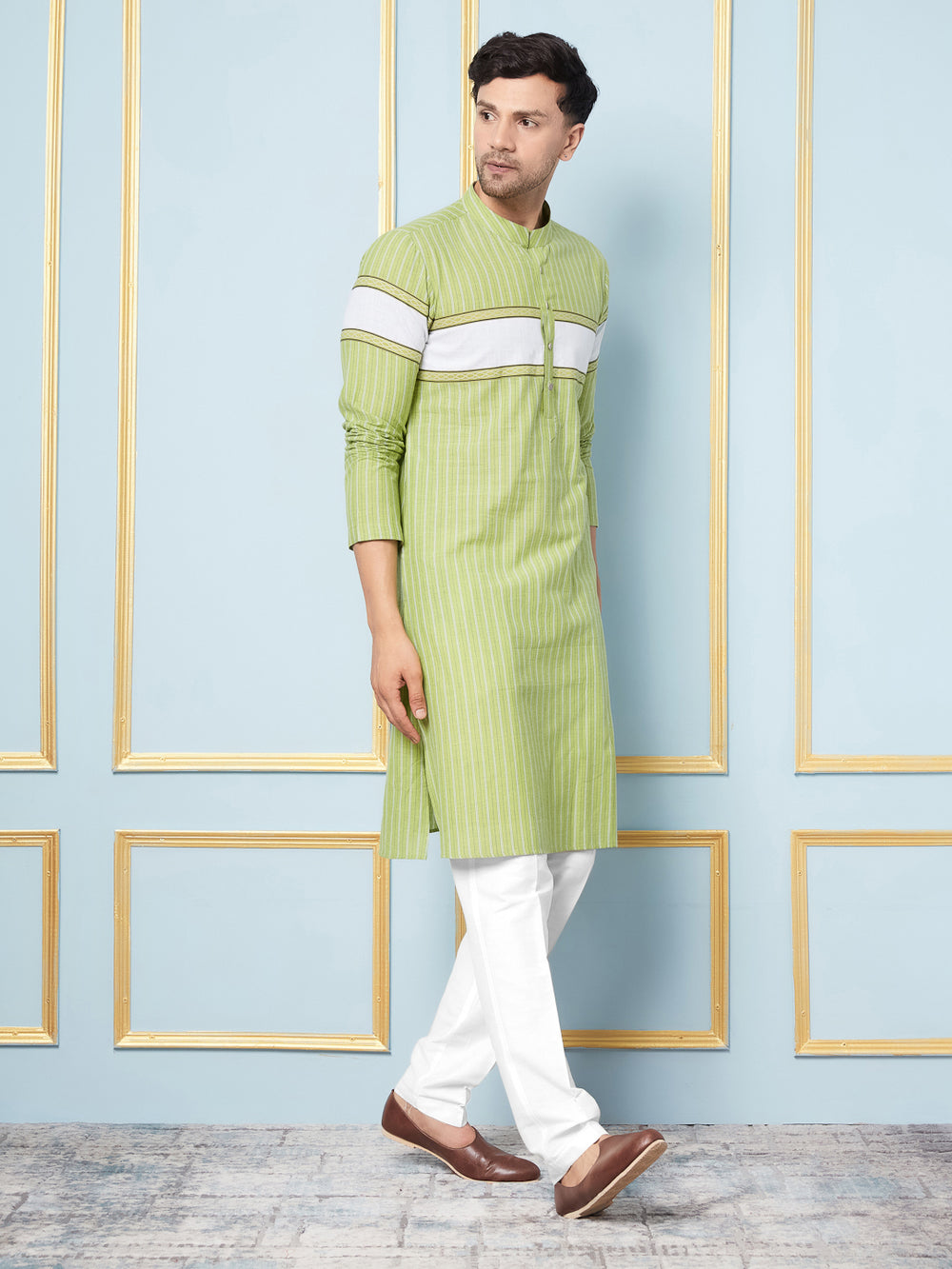 Green Woven Striped Straight Kurta With Pyjama – Green
