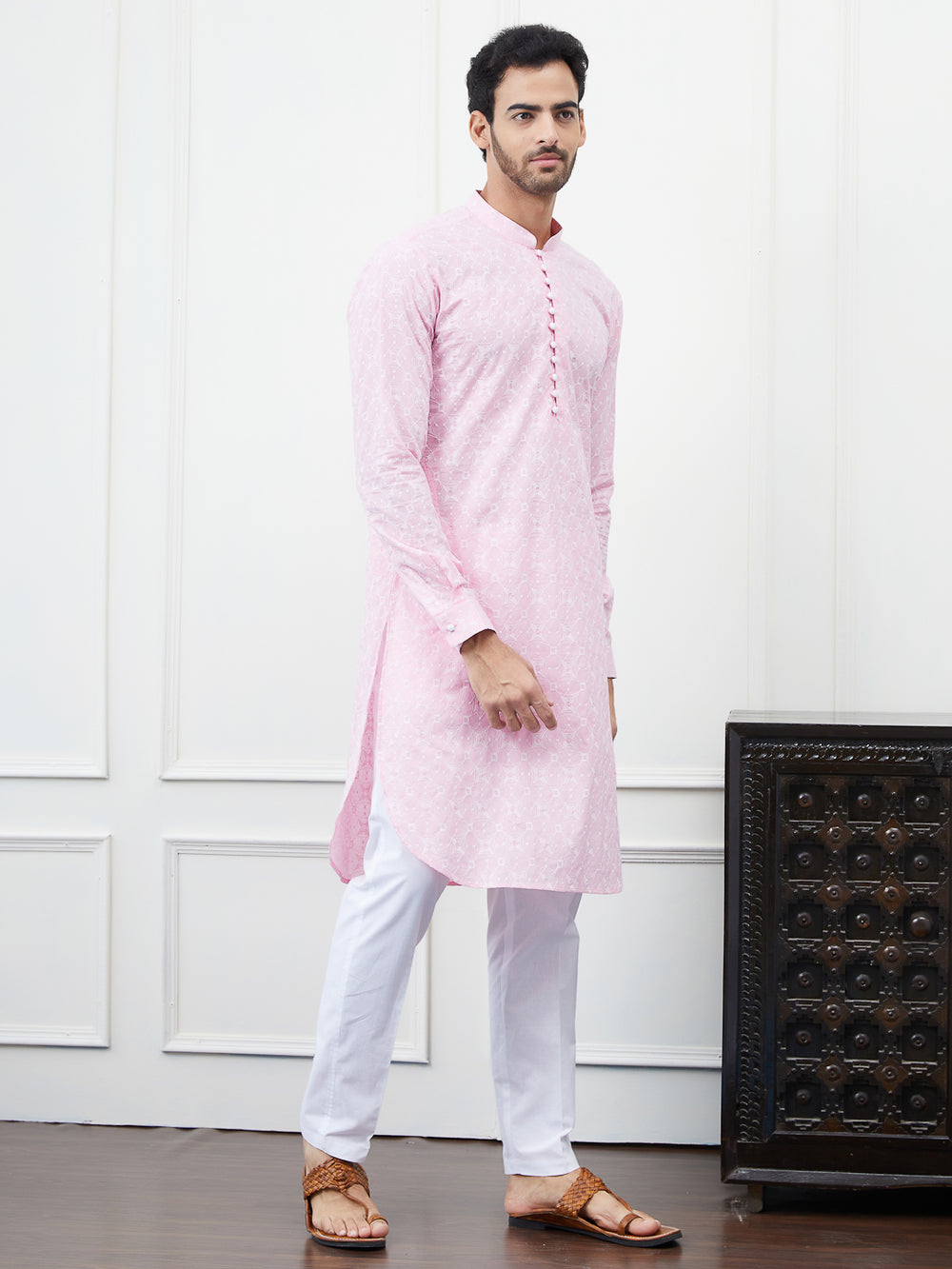 Embroidered Pure Cotton Straight Kurta with Pyjama – Peach