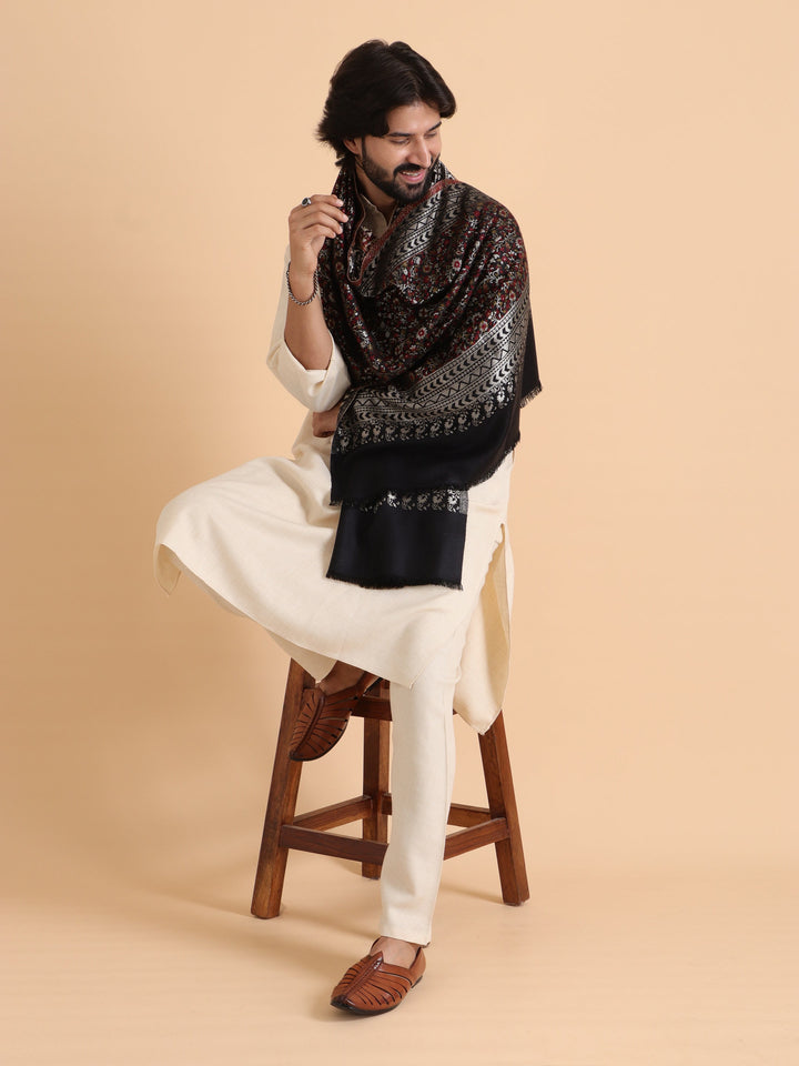 Tweedle Floral Design Kani Zari Shawl for Men - Black, Size - 28 x 80 inches