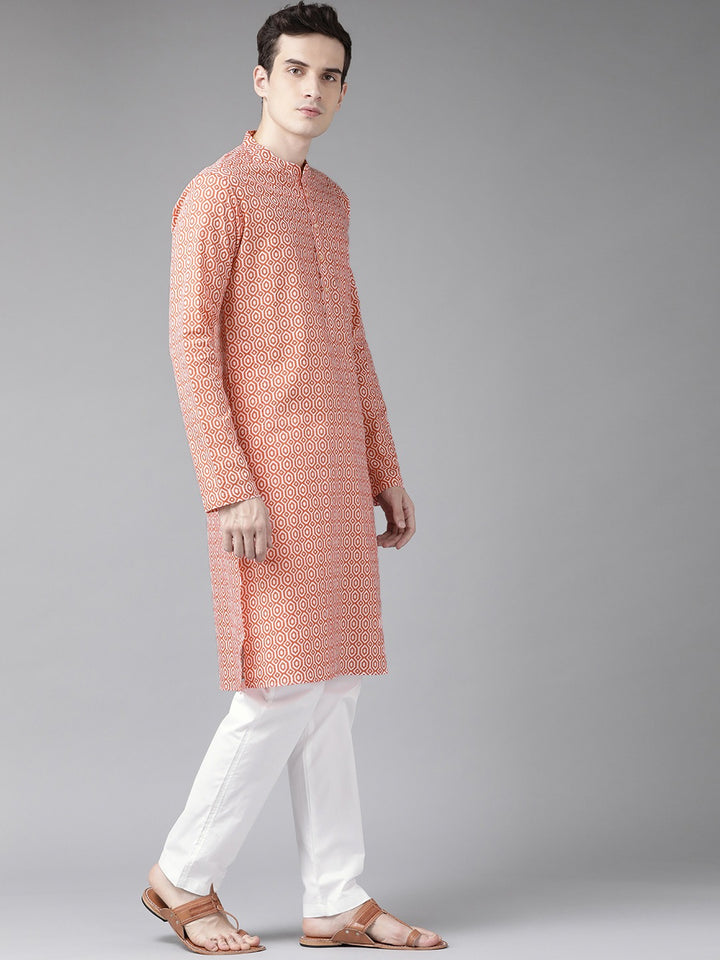 Men Peach And White Printed Straight Kurta