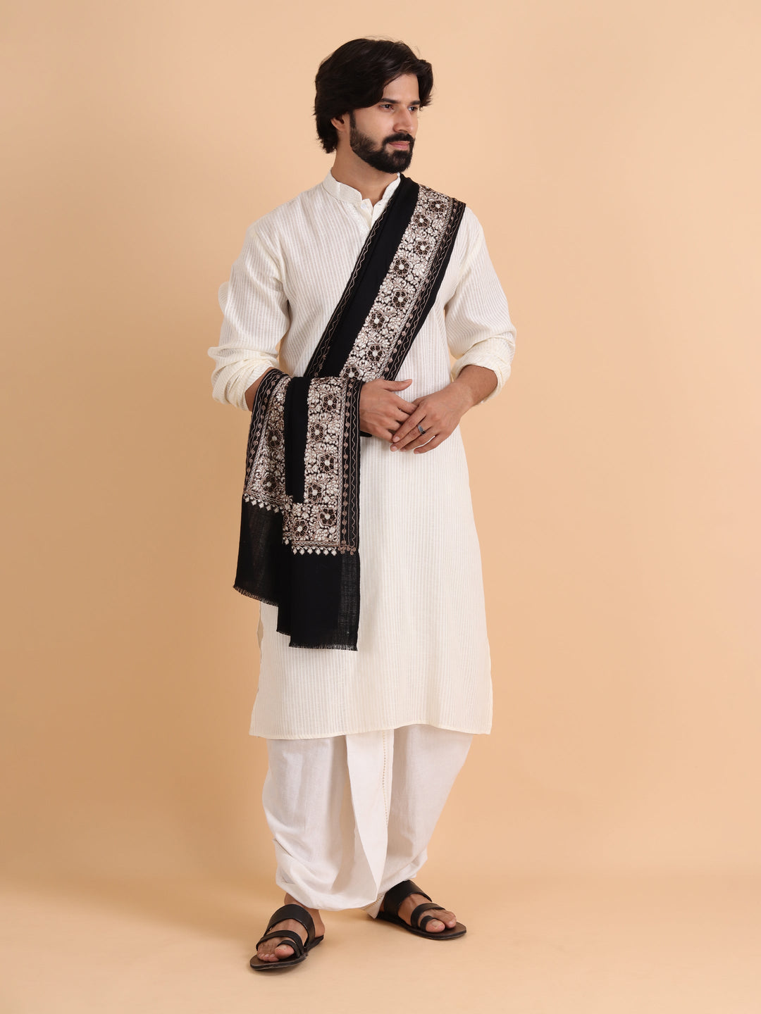 Tweedle Fine Wool Aari Embroidery Stole / Scarf for Men, Border Design with Stone Work - Black