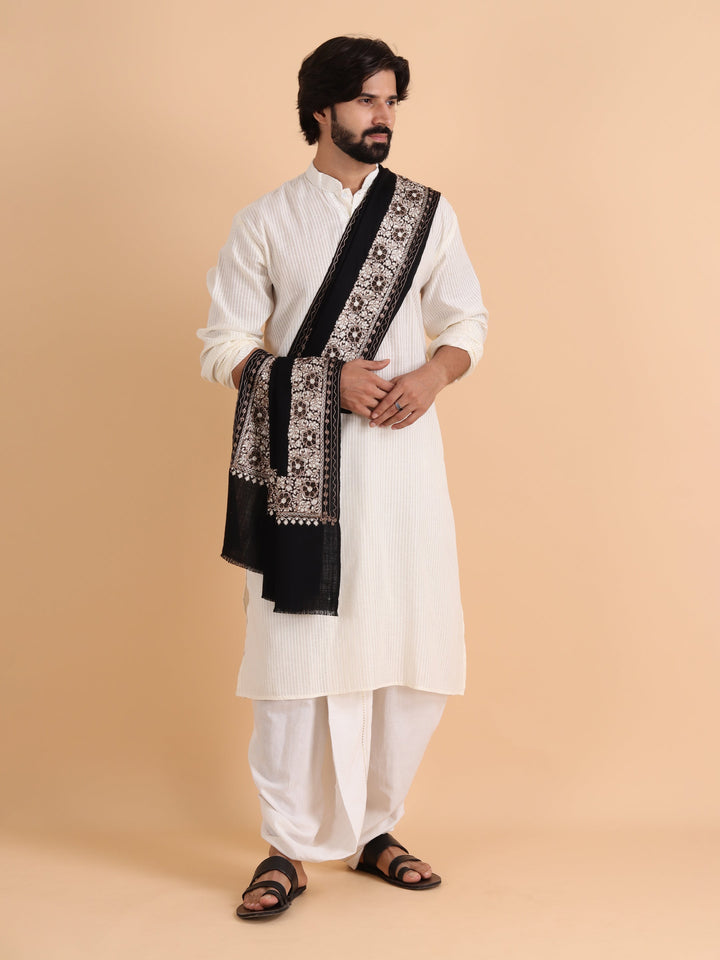 Tweedle Fine Wool Aari Embroidery Stole / Scarf for Men, Border Design with Stone Work - Black