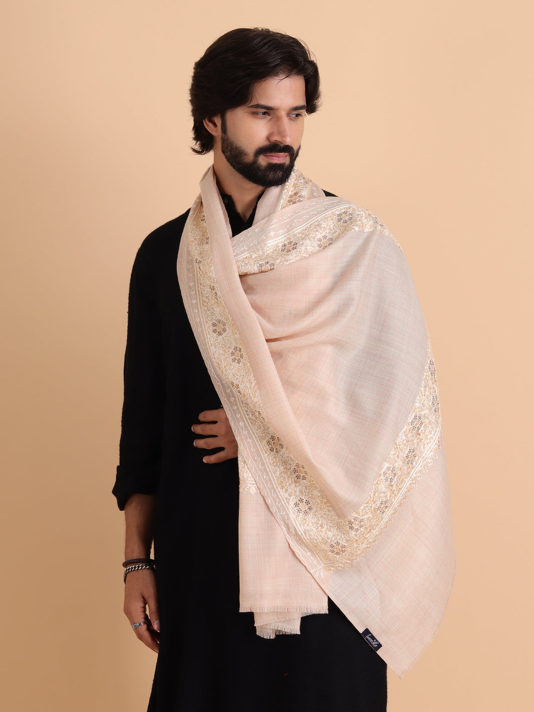 Tweedle Fine Wool Aari Embroidery Stole / Scarf for Men, Border Design with Stone Work - Off-White