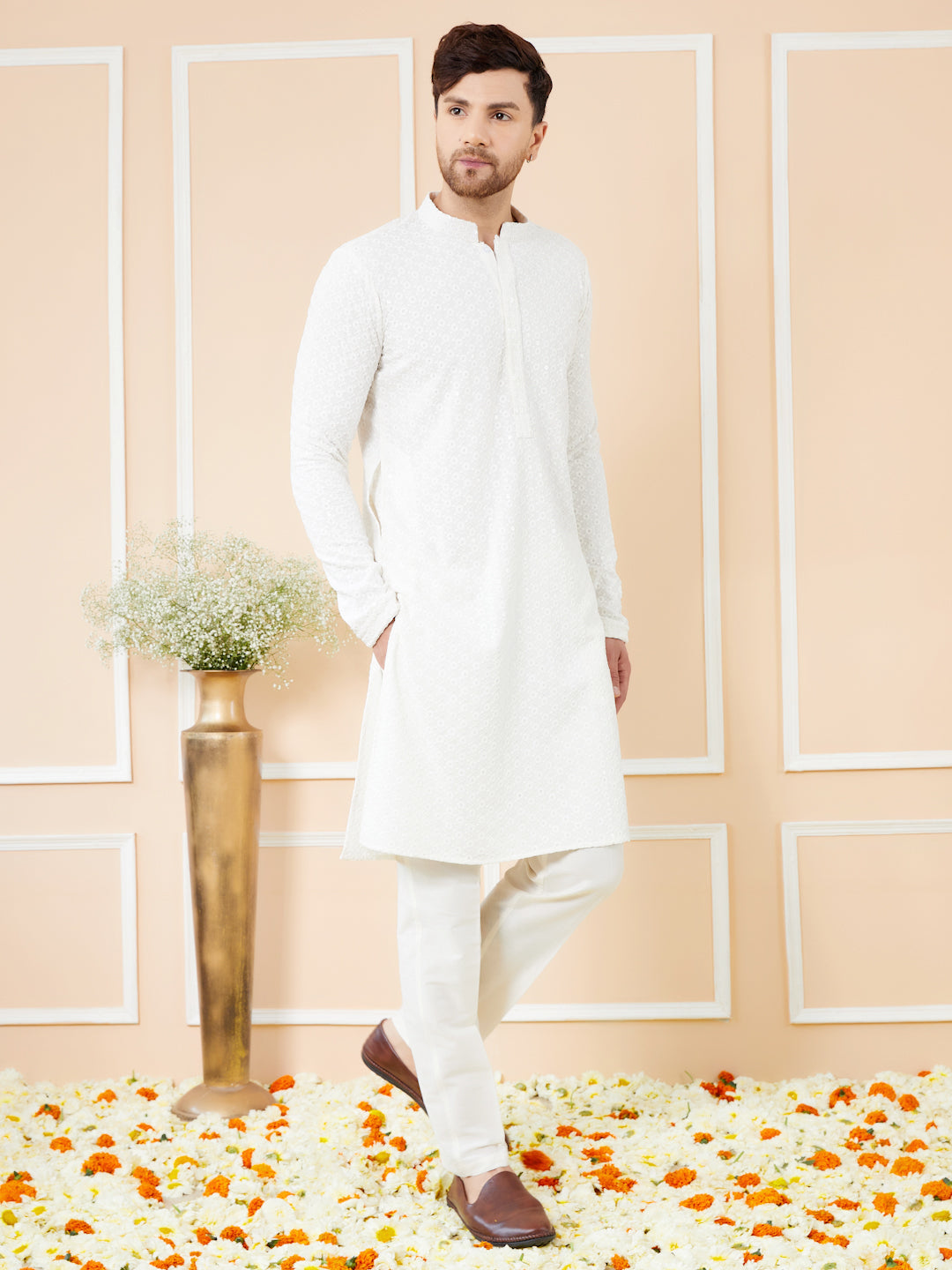 White Sequins Embroidered Rayon Kurta