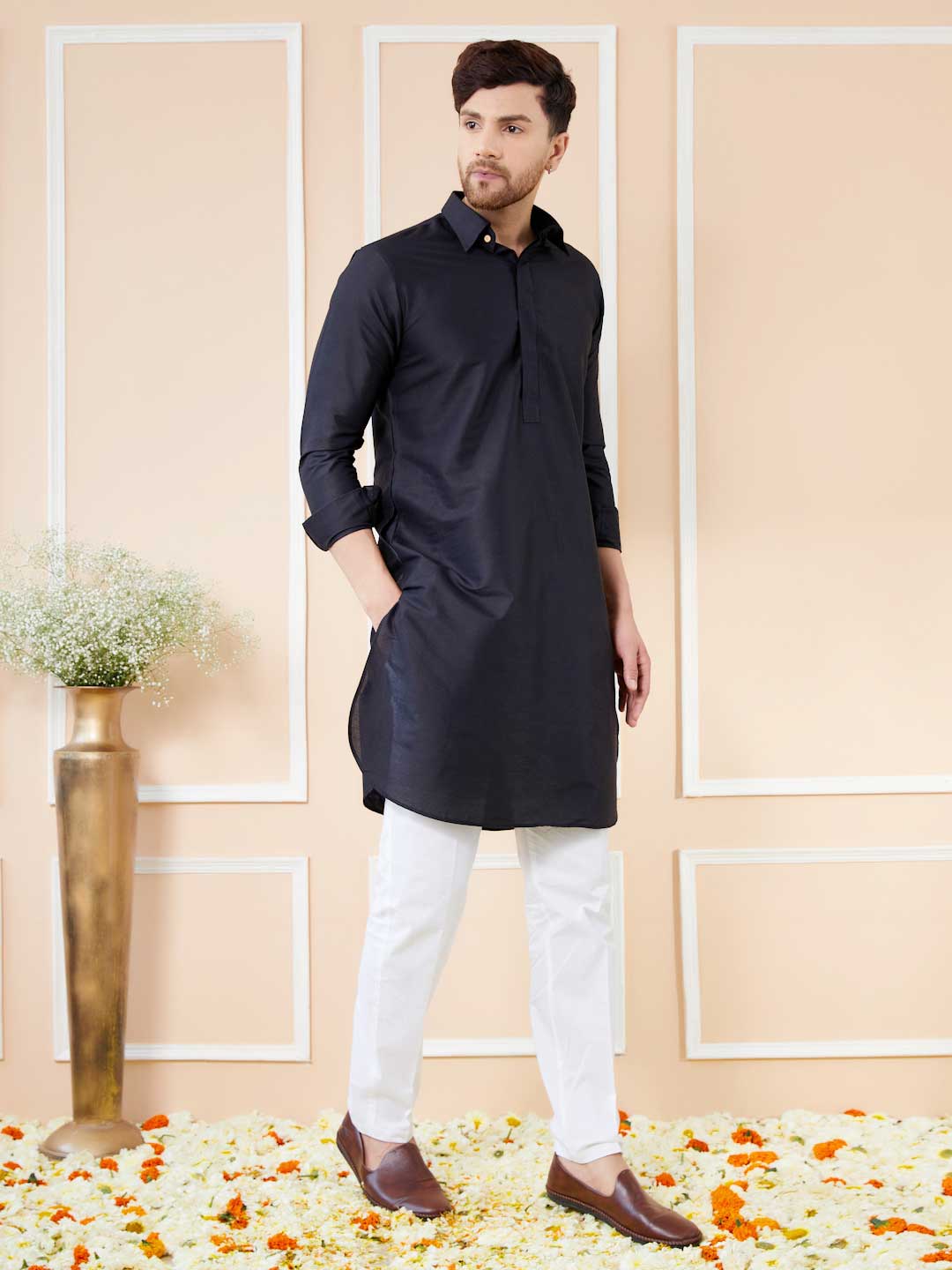 Black Cotton Solid Pathani Kurta with Pyjama See Designs