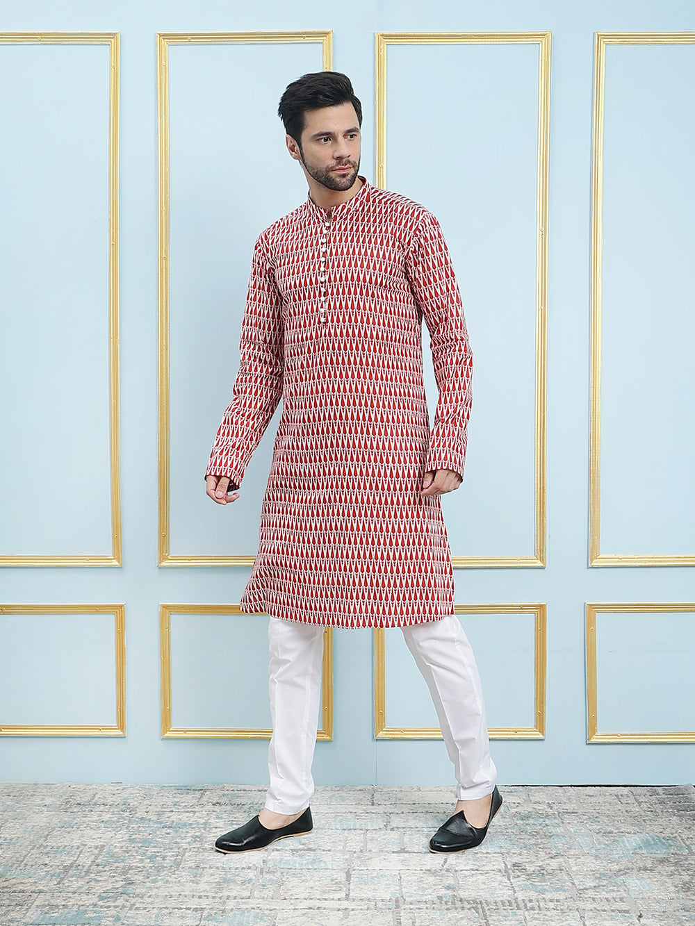 Printed Pure Cotton Straight Kurta with Pyjama – Red