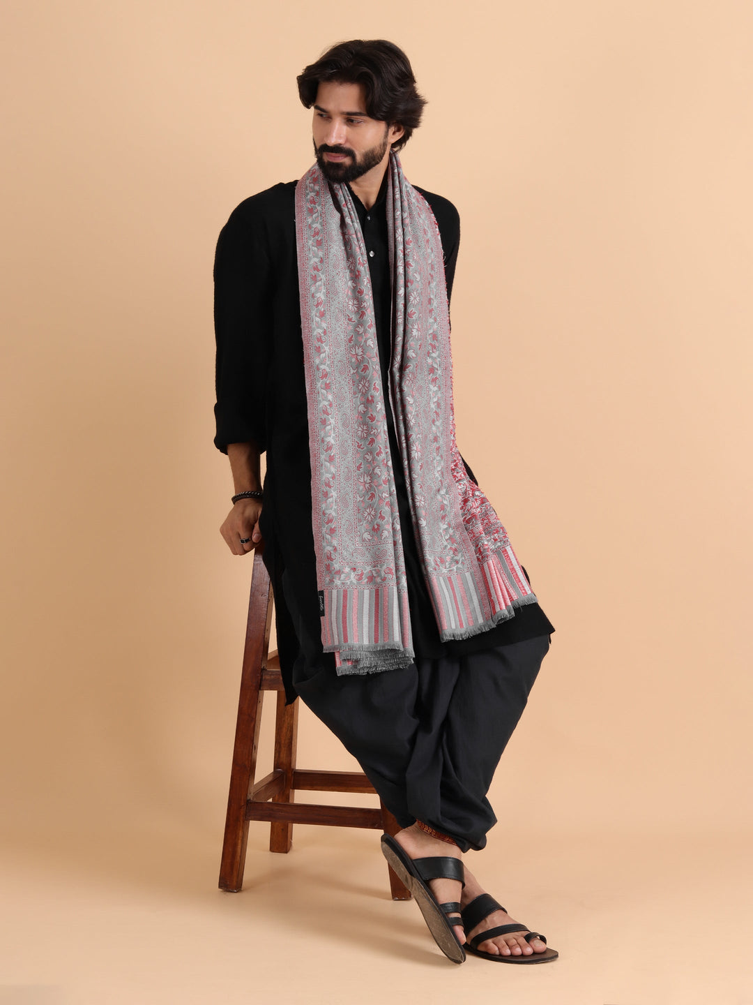 Tweedle Men’s Traditional Kani Shawl for Winters - Grey, Size - 40 x 80 inches