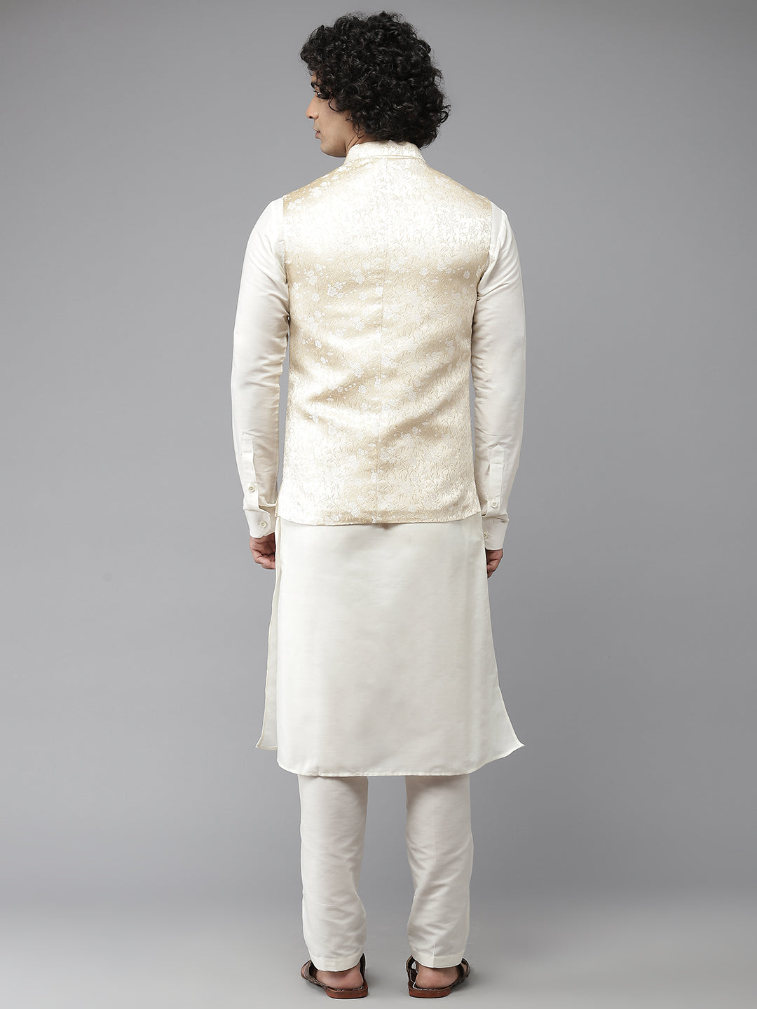 Men Gold & White Woven Jacquard Nehru jacket