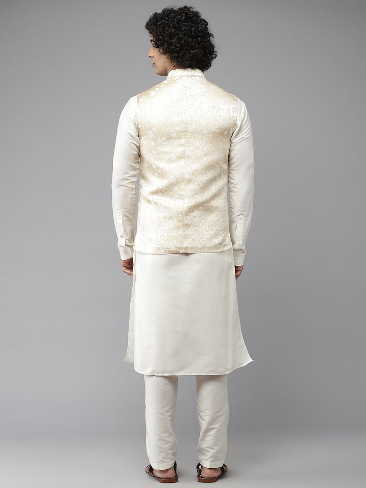 Men Gold & White Woven Jacquard Nehru jacket