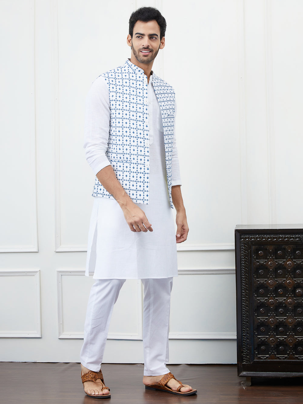 Pure Cotton Embroidered Nehru Jacket – White