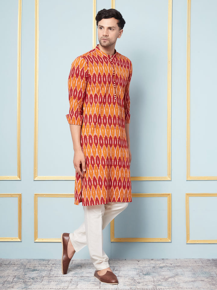 Orange Ikat Printed Kurta With Pyjama