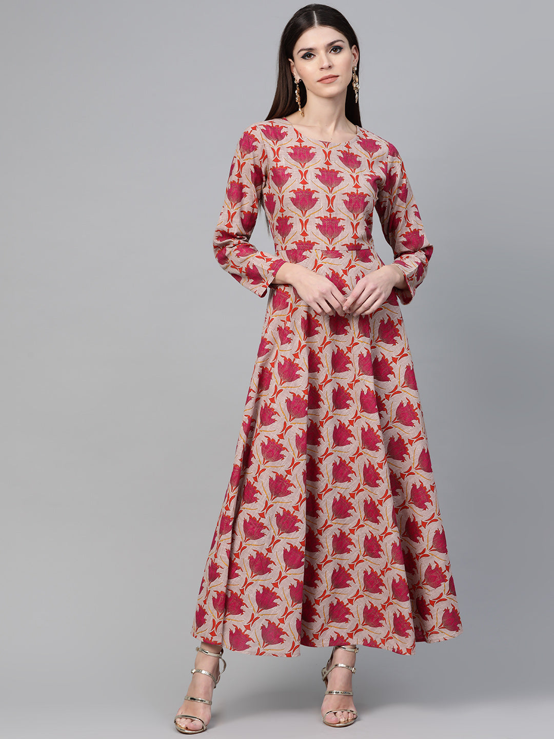 Magenta & Beige Floral Printed Flared Maxi Dress