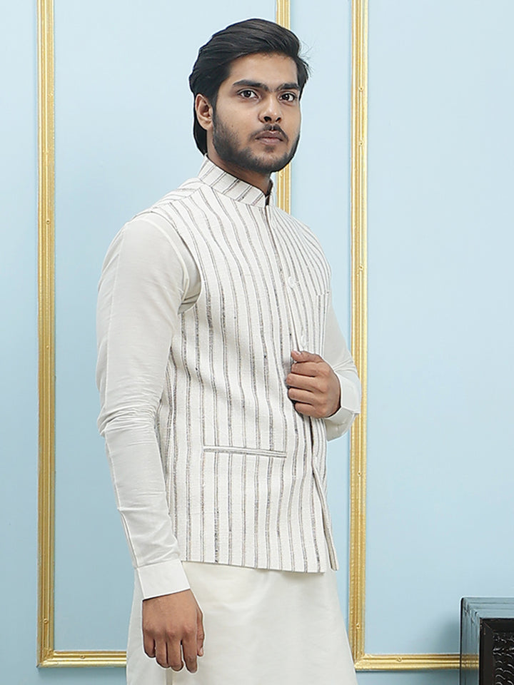 Pure Silk Straight Kurta & Pyjama Set with Handwoven Nehru Jacket