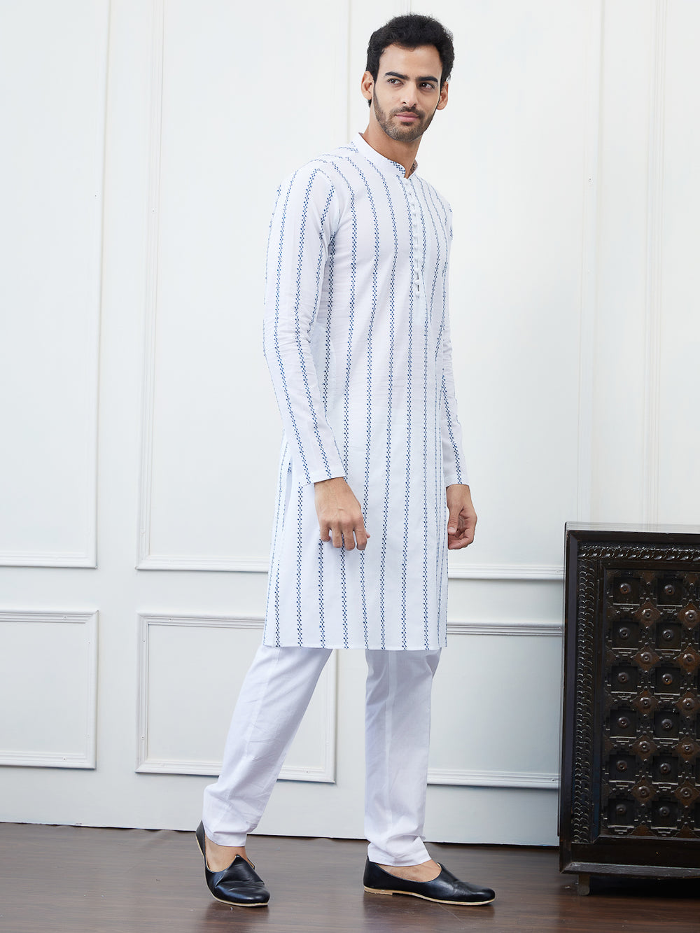 Embroidered Pure Cotton Straight Kurta with Pyjama – White