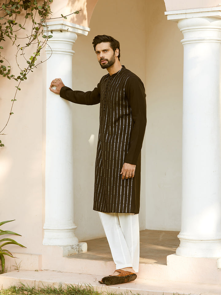 Sequins Embroidered Pure Chanderi Silk Straight Kurta with Pyjama