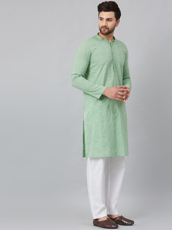 Men Green Chikankari Embroidered Woven Design Straight Kurta With Pyjama