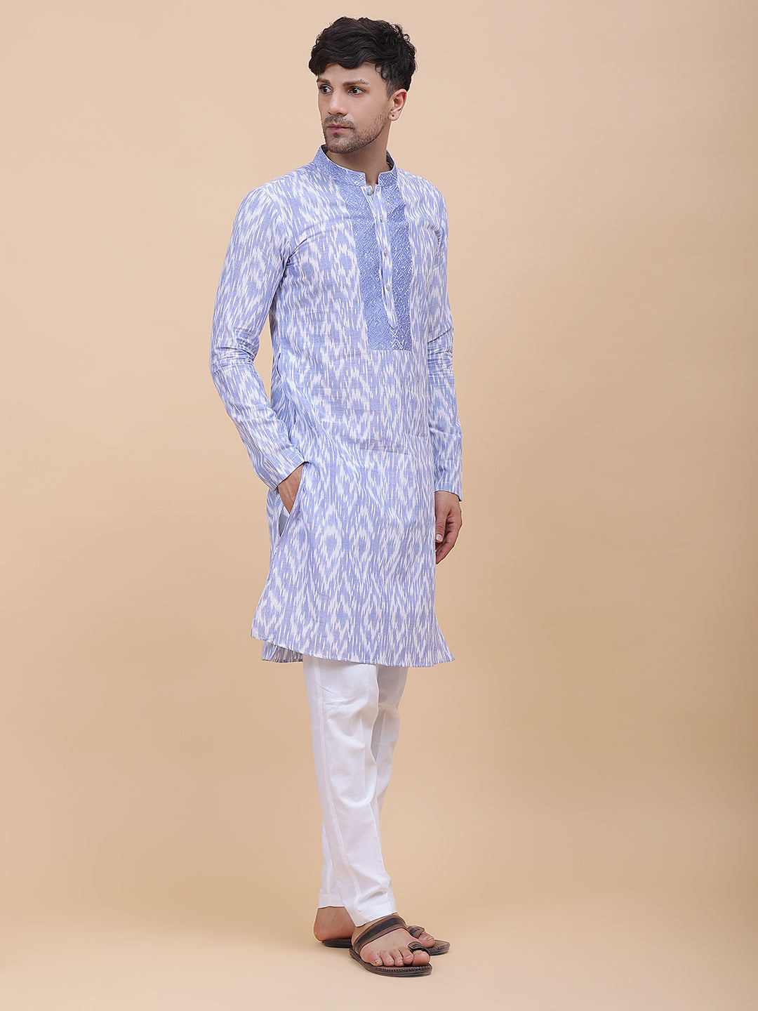 Printed Ikat Pure Cotton Straight Kurta with Embroidered Neck Design