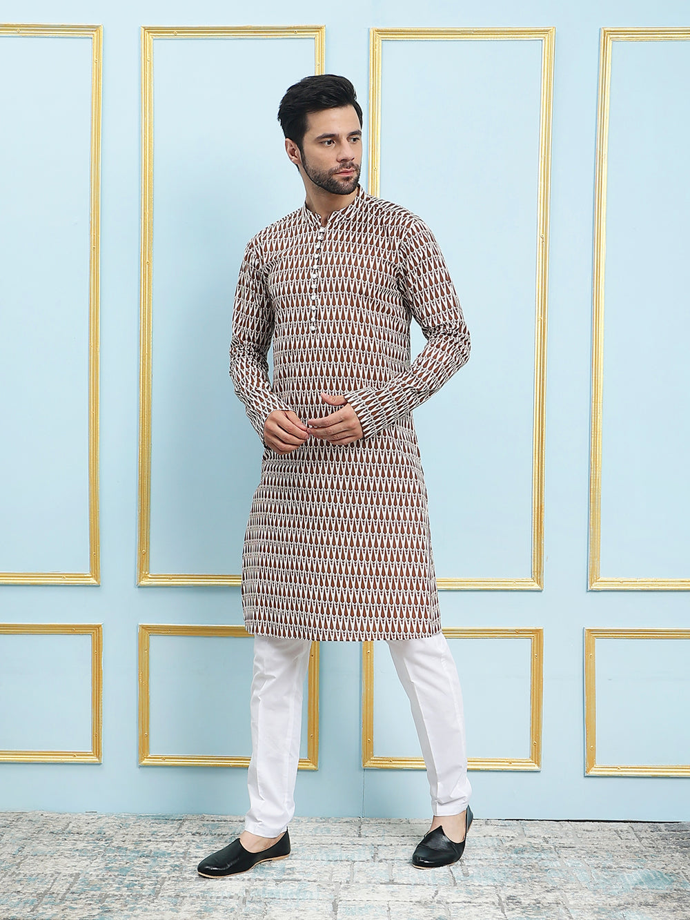 Printed Pure Cotton Straight Kurta with Pyjama – Brown