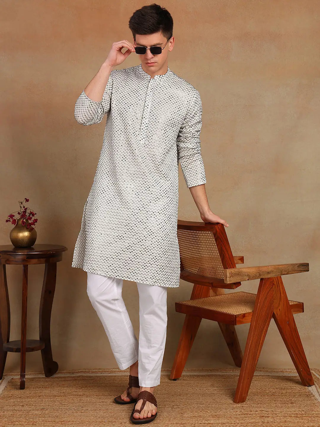 Men White Sequins Leaf Straight Kurta with Pyjama – White