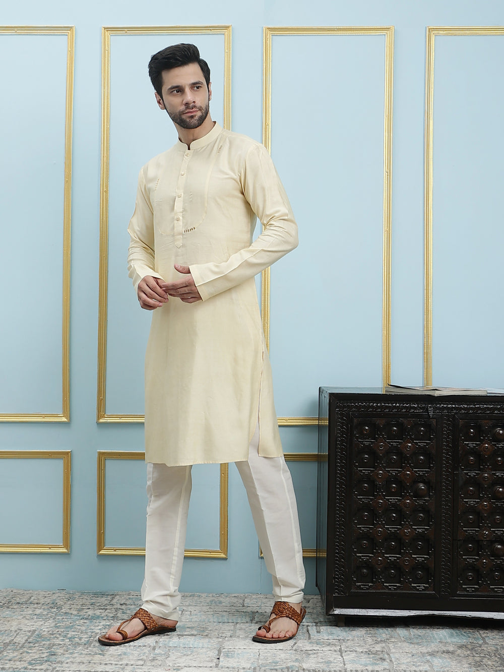 Solid Pure Cotton Straight Kurta with Yoke Design and Pyjama – Cream