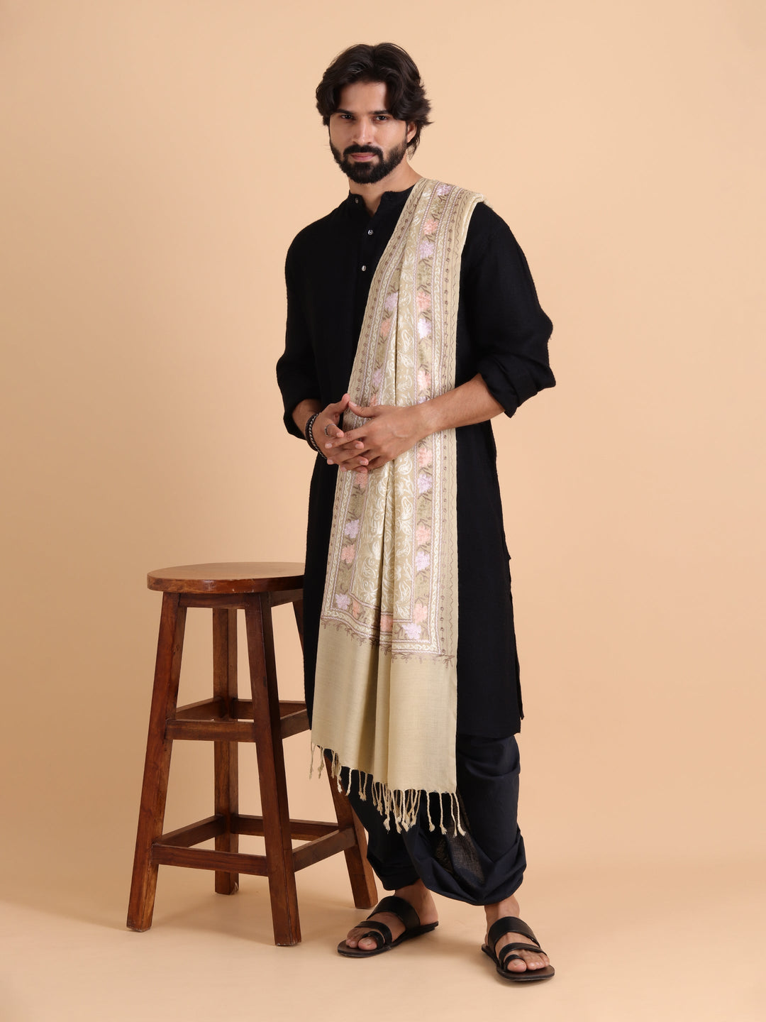 Tweedle Men's Acro Wool Kashmiri Embroidery Stole, Beige, Size - 28 x 80 inches