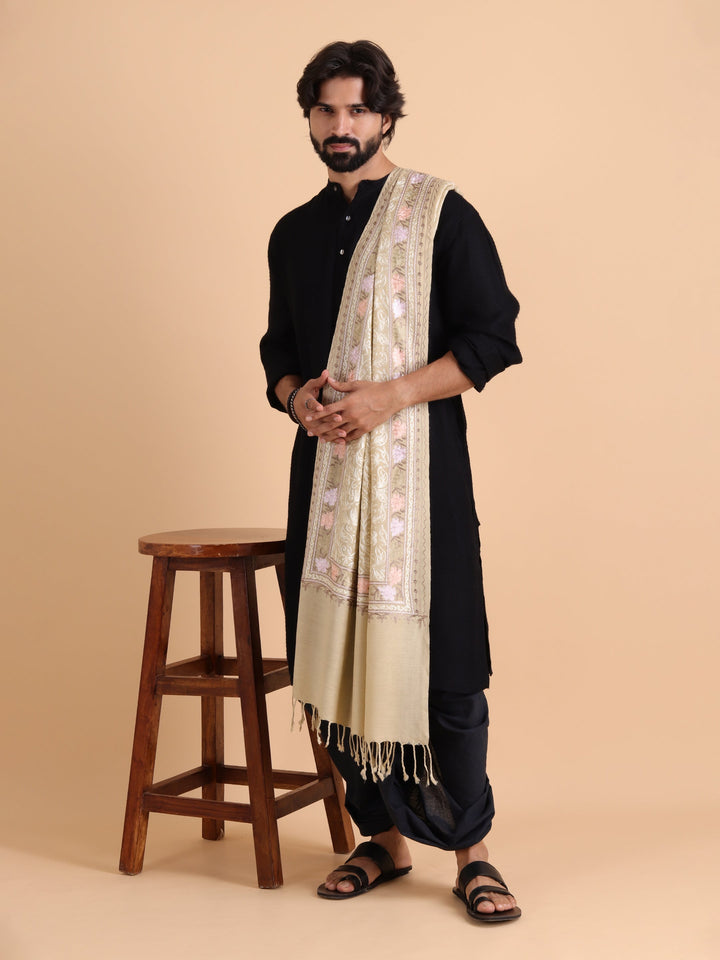 Tweedle Men's Acro Wool Kashmiri Embroidery Stole, Beige, Size - 28 x 80 inches
