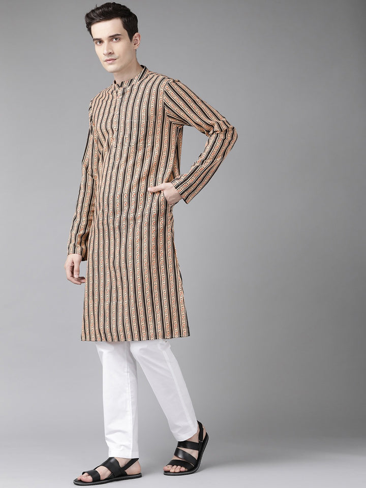 Men Beige And Black Printed Straight Kurta