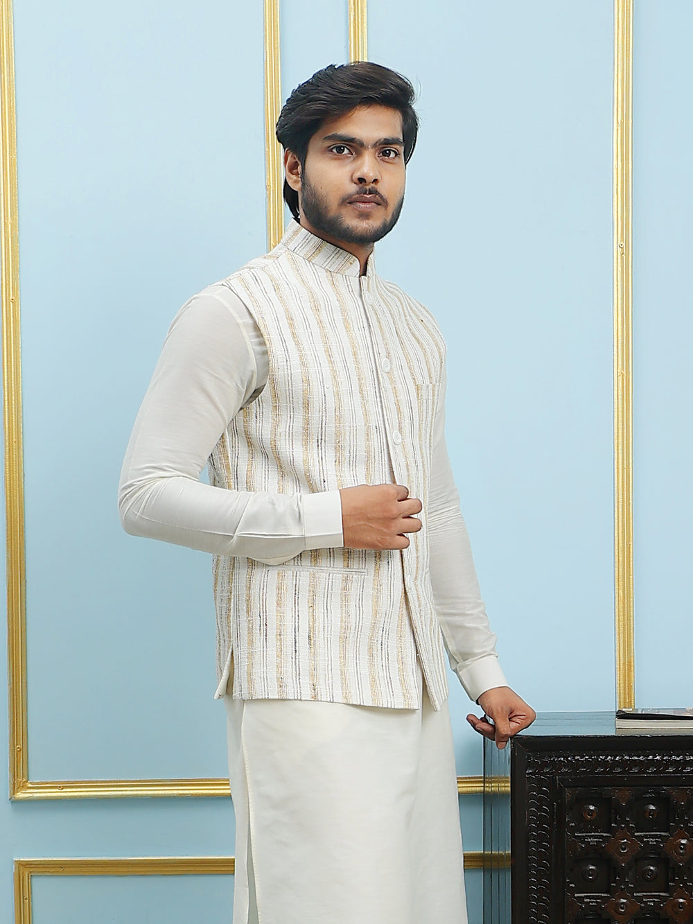 Solid Handwoven Pure Cotton Nehru Jacket – Cream