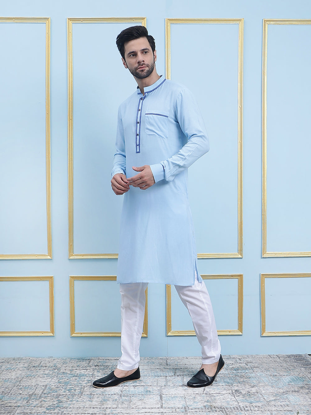 Solid Pure Cotton Straight Kurta with Pyjama – Blue