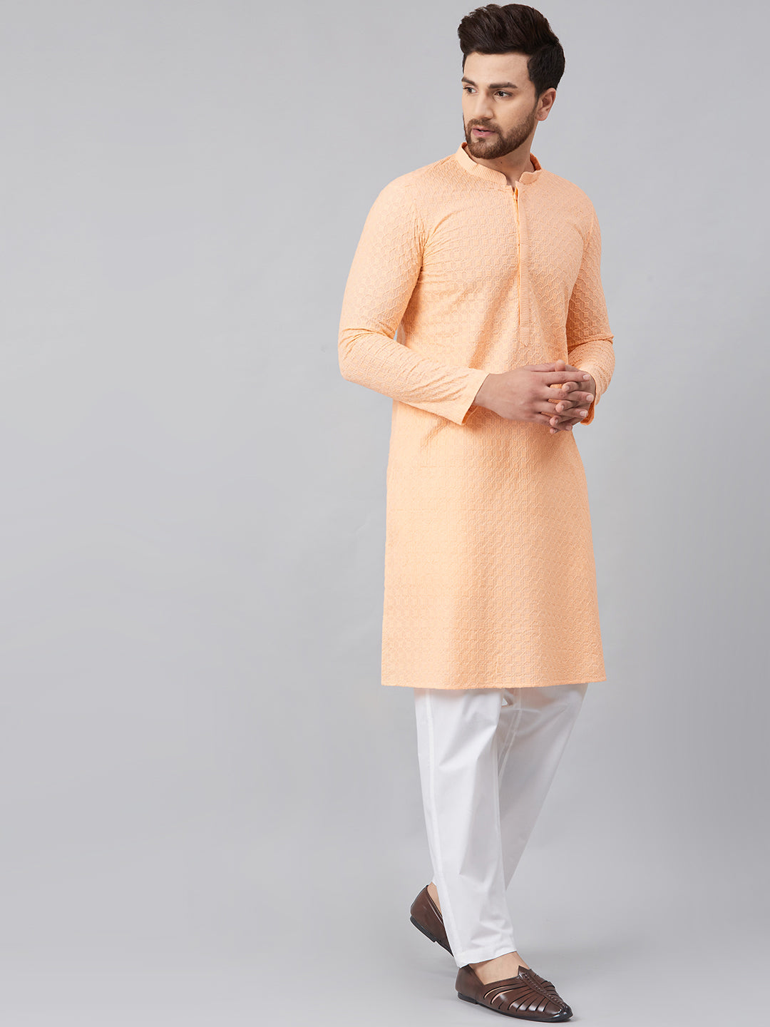 Men Peach Chikankari Embroidered Woven Design Straight Kurta With Pyjama