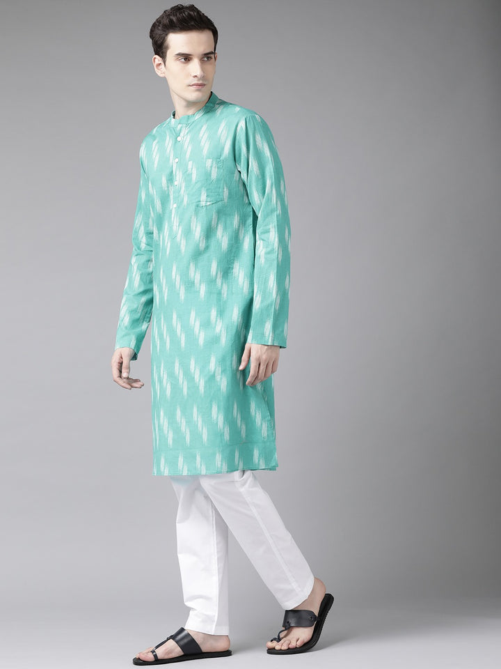 Men Turquoise Blue And White Printed Straight Kurta