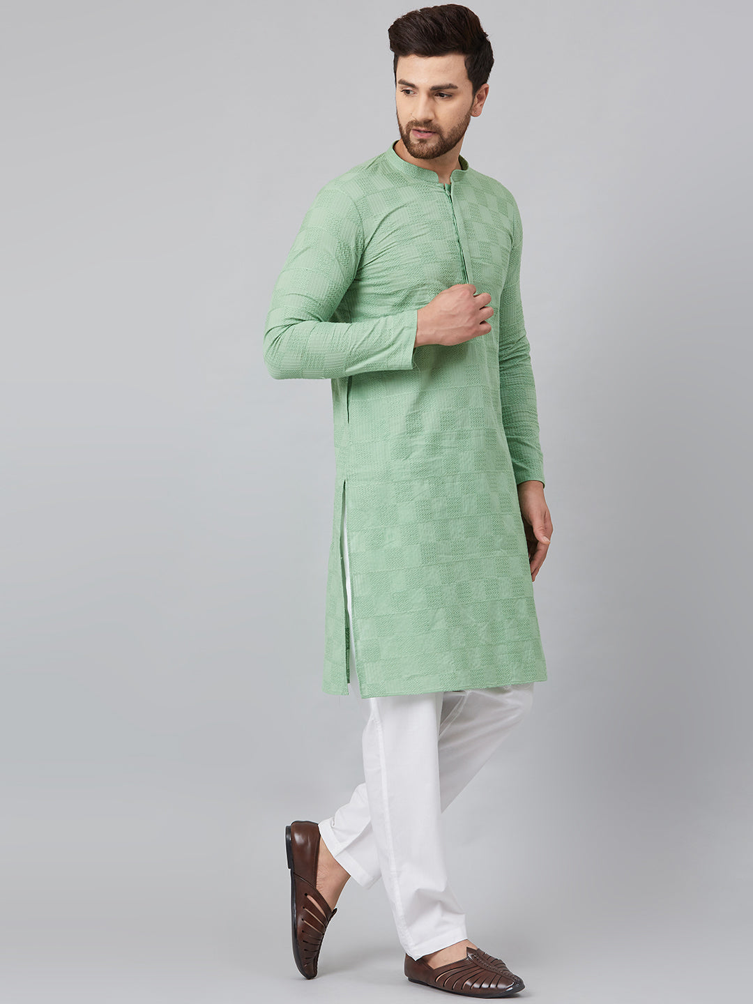 Men Green Chikankari Embroidered Woven Design Straight Kurta With Pyjama