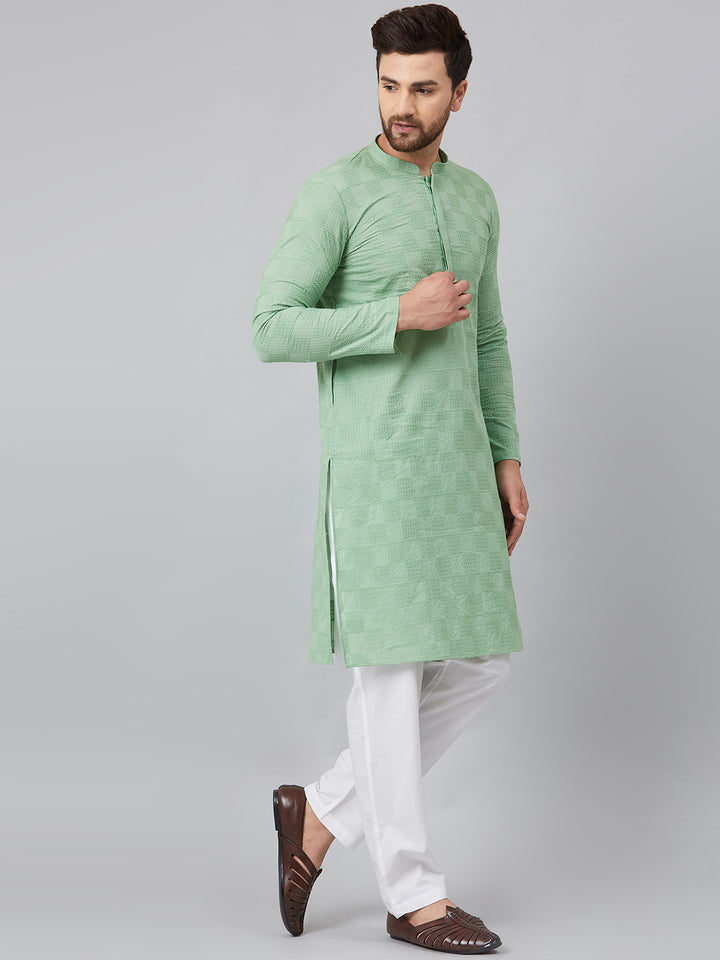 Men Green Chikankari Embroidered Woven Design Straight Kurta With Pyjama