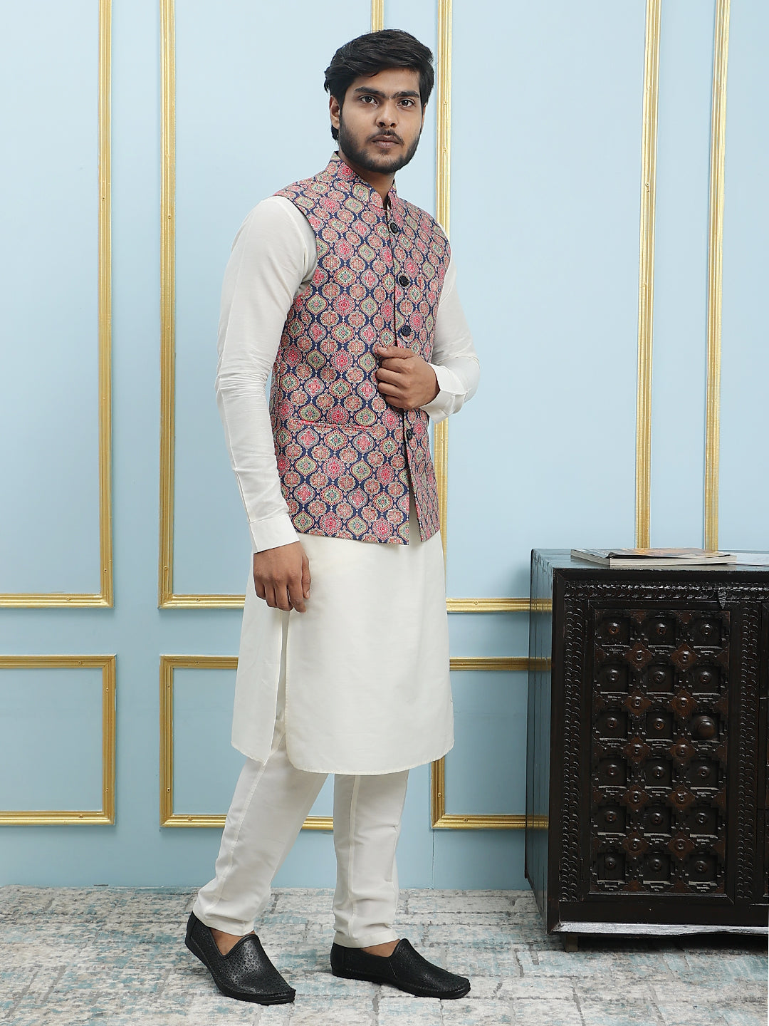 Pure Silk Straight Kurta & Pyjama Set with Printed Cotton Nehru Jacket