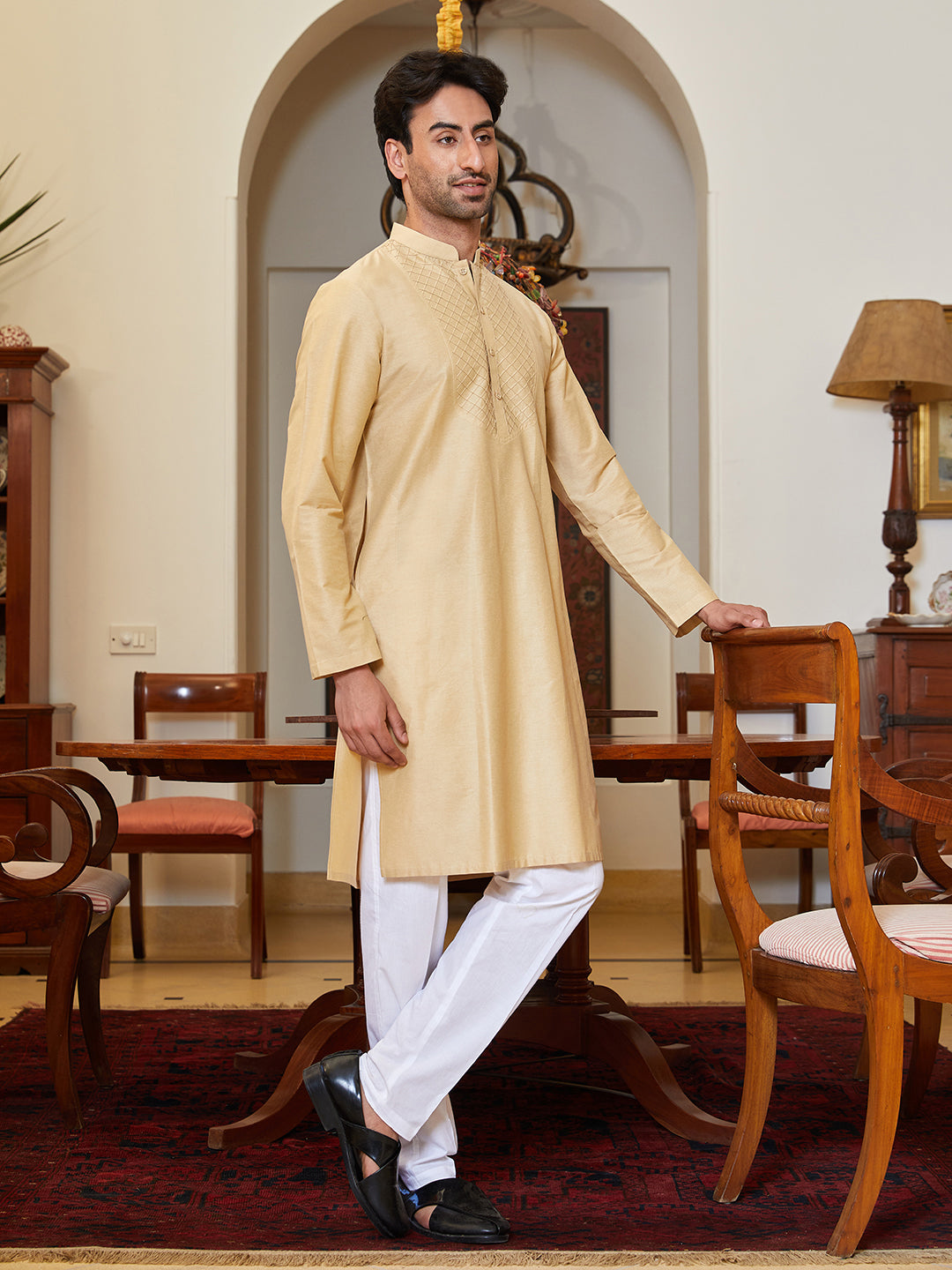 Pintuck Yoke Cotton Silk Straight Kurta with Pyjama